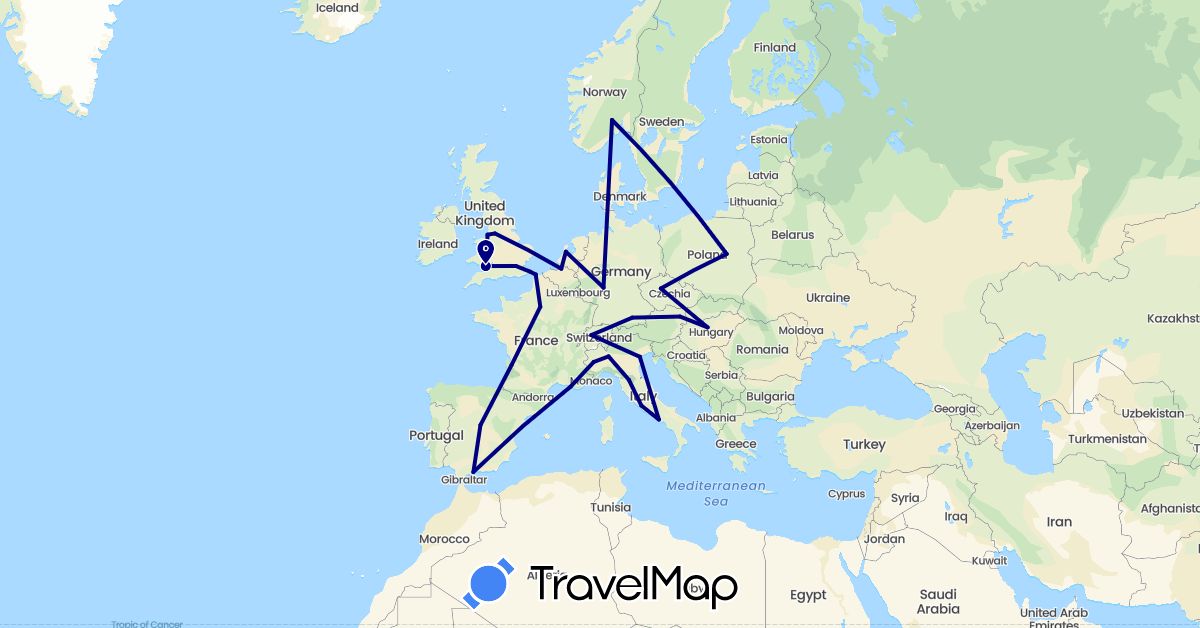TravelMap itinerary: driving in Austria, Belgium, Switzerland, Czech Republic, Germany, Spain, France, United Kingdom, Hungary, Italy, Netherlands, Norway, Poland (Europe)